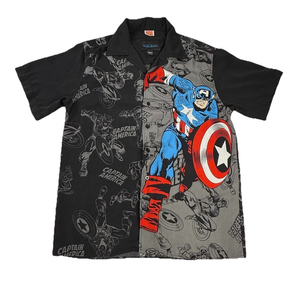 Ralph Marlin Marvel Captain America Short Sleeve Button Up Shirt Black Men's M